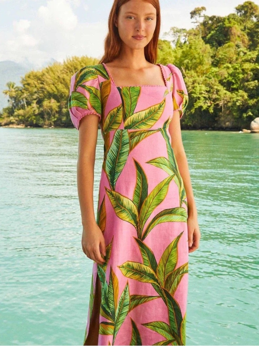 FARM Rio Pink Foliage Cross Back Linen Midi Dress